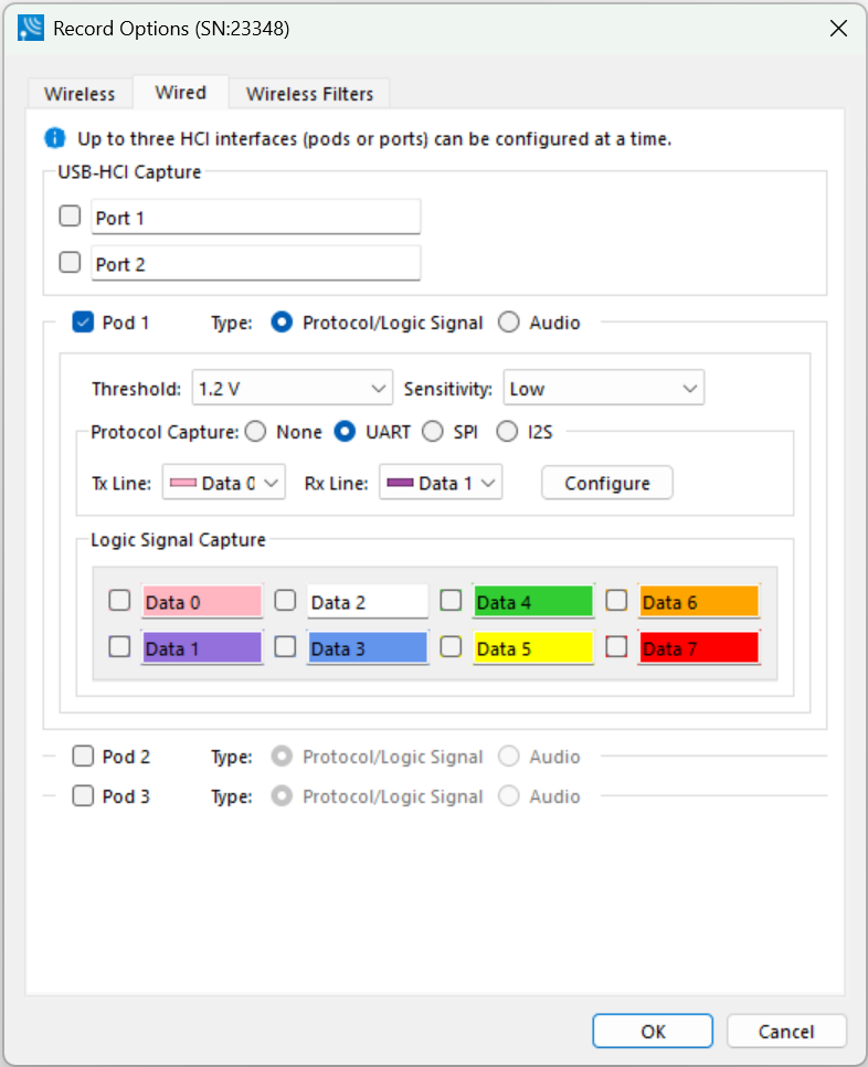 X500_X500e Record Options – Wired tab with Pod 1 selected for capture.png